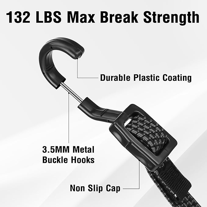 Bungee Cords with Hooks Heavy Duty, Flat Adjustable Bungee Cords with Hooks 60 Inch, Rubber Black Bungee Straps with Buckle Hooks for Outdoor, Camping, Tarps, Bike Rack, Tent, Truck, 4 Pack