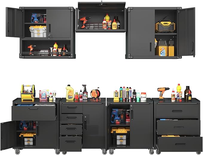 Metal Tool Cabinet,Garage Storage Cabinet System,Wall Cabinet & Locking Rolling Tool Cabinet with Doors and Adjustable Shelves,Steel Tool Cabinets for Home,Office (7 Pcs-StyleA, Black)