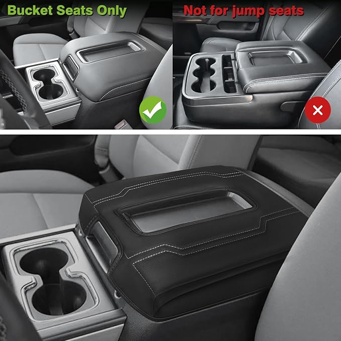 Muslogy Center Console Armrest Cover Compatible with Chevy Silverado & GMC Sierra 1500 2500 3500 2014-2018 Armrest Pad Arm Rest Cushion Vegan Leather Protector 1-Inch Extra Thick(Bucket Seat ONLY)