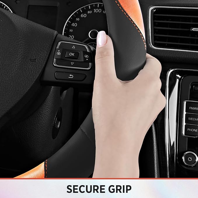 Road Comforts Steering Wheel Cover – Breathable Leather Steering Wheel Cover, Anti-Slip Grip, Universal Fit 14.5” to 15”, Heat & Cold Resistant for Cars, SUVs, and Trucks – Black & Orange