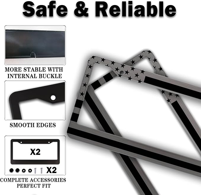License Plate Frames Metal License Plate Frame American Flag Stainless Steel Texture Universal Aluminum Car Accessory 2 Pack with Screw Covers Set