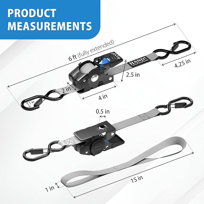 HandT USA Based Retractable Ratchet Straps (2PK) 1in x 6ft - 1,500lb Break Strength, Heavy Duty Automatic Ratchet Straps Self Retractable Tie Down, Push Button Retracting Truck Trailer Cargo | Gray