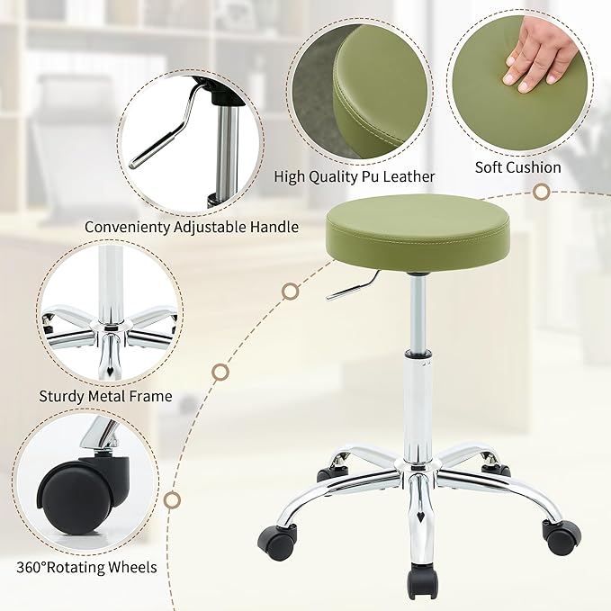 Tattoo Stool with Wheels,Adjustable Rolling Massage Chair19.5’’-26.6’’, Green Salon stools for Hair Stylist (Green)