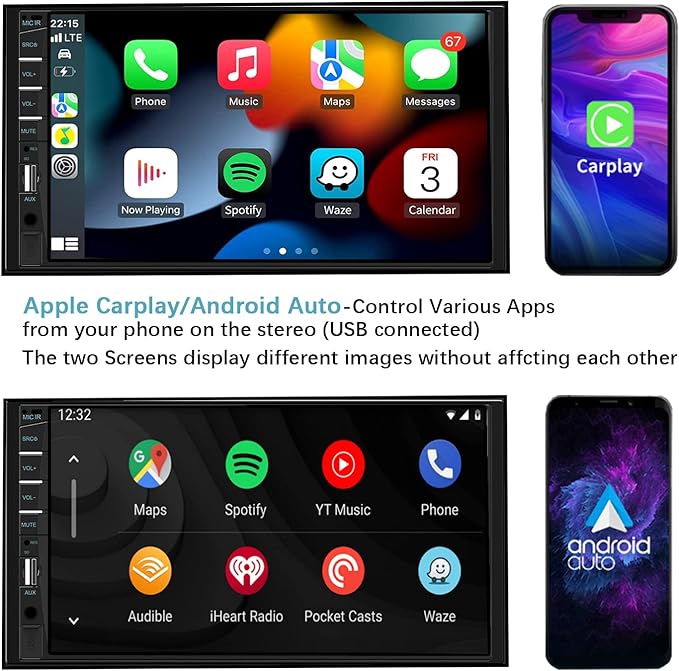 Naifay Double Din Car Stereo Compatible with Apple Carplay and Android Auto, 7 inch HD Touchscreen Car Radio Car Audio Receivers, Bluetooth, Backup Camera, Mirror Link, USB/AUX/TF/Subwoofer, FM Radio