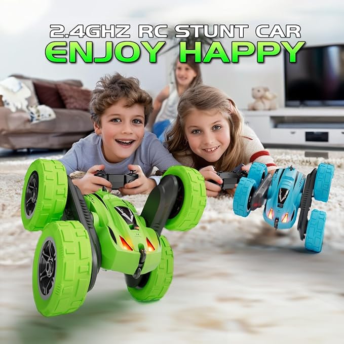 Remote Control Car for 6-12 Year Old Double Sided 360°Rotating 4WD RC Cars with Headlights 2.4GHz Rechargeable Electric Stunt Race Car Toy for Boys Girls Birthday Gifts(Blue)