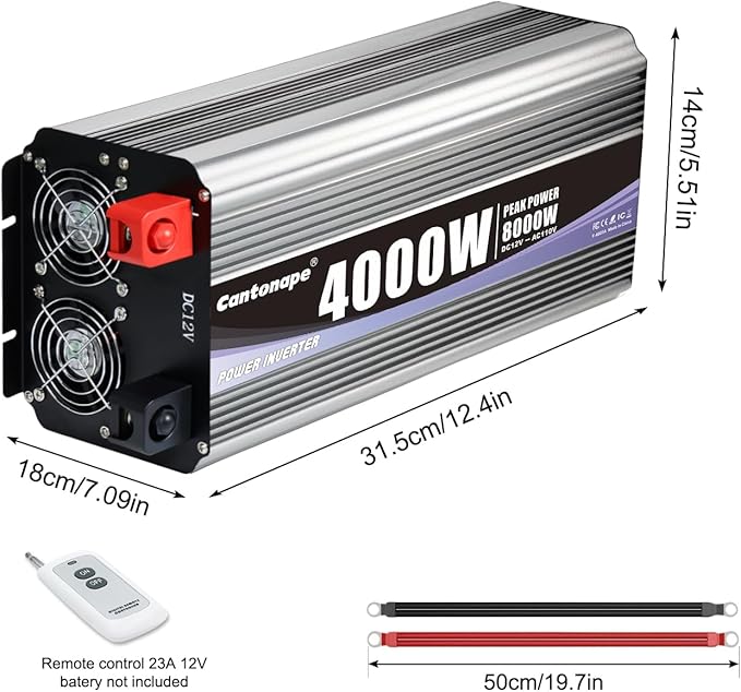 4000 Watt Power Inverter, Car Inverter 12V DC to 110V/120V AC Converter with LCD Display, 4 AC Outlets, USB Port & Remote Controller for RV, Truck, Off-Grid Solar System