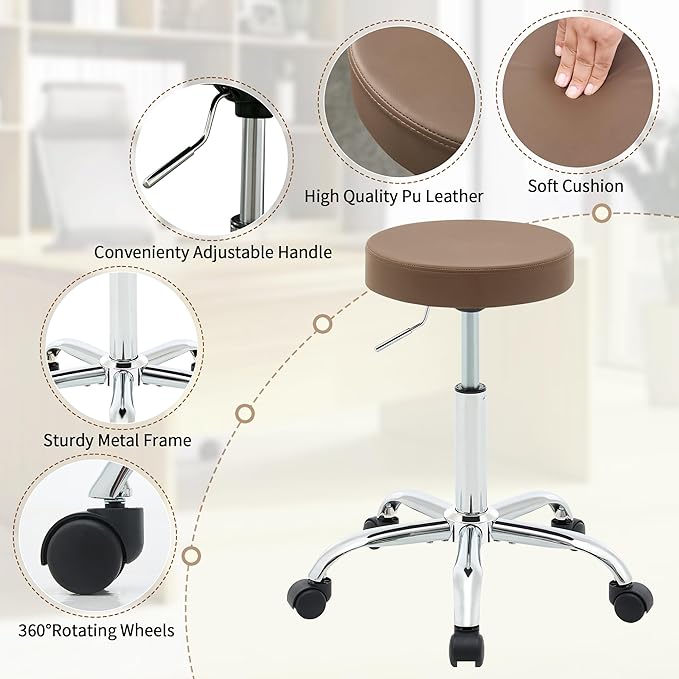 Salon Rolling Chair, Adjustable Stools with Wheels 19.5’’-26.6’’, Coffee Brown Hair Cutting Stool (Coffee Brown)