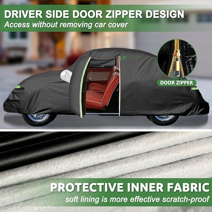 Car Cover for 1960-1980 Beetle Bug Sedan 2-Door,Full Exterior Car Covers for Automobiles All Weather Waterproof Heavy Duty,Zipper/Cotton Design Rain Snow Sun Winter UV Proof【210T Taffeta】- Black