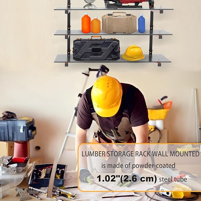 Lumber Rack Wall Mount, Heavy Duty Wood Storage Racks, 3-Level System Garage Shelving, 380 Lbs Capacity Organizer Shelves, Folding Orange Brackets, 2 Pack Hanging Metal Shelf for Indoor and Outdoor