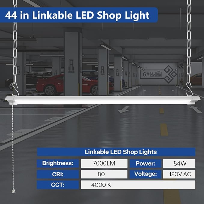 4-Pack 4ft Linkable Led Shop Light, Plug in Garage Lighting with Power Cord and Pull Chain, 7000lm Garage Ceiling Lights, Workshop Led Hanging Lights for Basements, Warehouses, ETL Listed