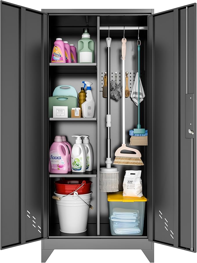 61" H Metal Storage Cabinet, Storage Shed with Shelves for Brooms and mops, Cleaning Supplies Closet with Removable Pegboard for Outdoor, Garage, Utility Room