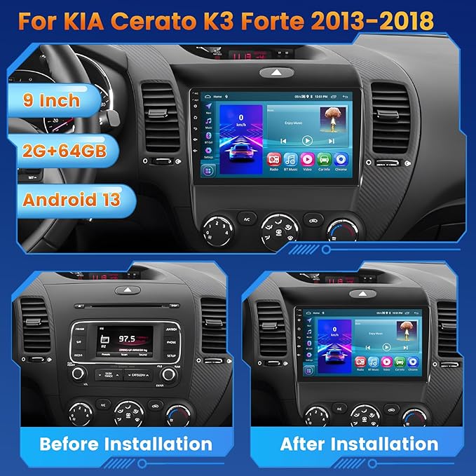 [2G+64G] Android 15 Car Stereo for Kia Cerato K3 Forte 2013-2018 with Wireless CarPlay Android Auto, 9 Inch HD Touch Screen with WiFi GPS Bluetooth FM/RDS Radio SWC USB Backup Camera MIC