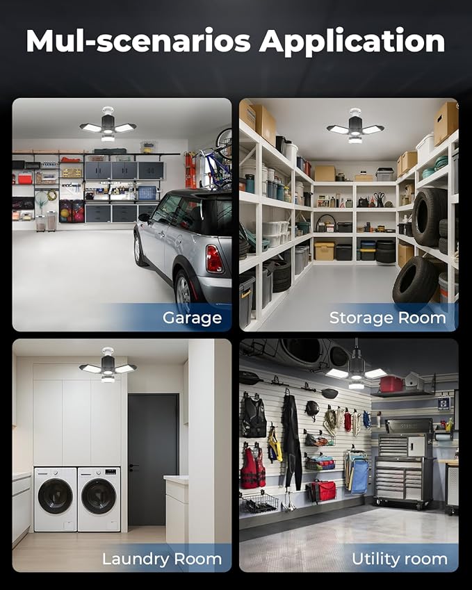 LED Garage Lights 4 Pack, 8000LM Shop Lights with 3+1 Deformable Panels, 6500K Screw in Ceiling Lights for Garage, Workshop, Workbench, Basement