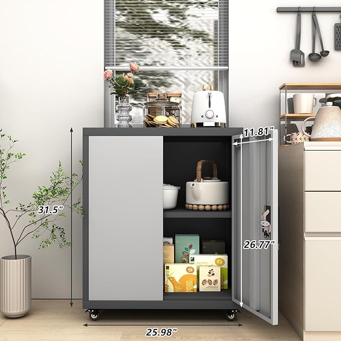 GREATMEET Garage Cabinets with Wheels,Small Storage Cabinet with Doors and Adjustable Shelves，Locking Metal Garage Storage Cabinets for Home Office Utility Room