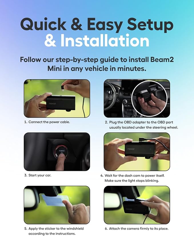 Nexar Beam2 Mini Dash Cam Car Camera 256GB Storage 24H Parking Mode Wide Angle FHD Lens Wireless Dash Camera for Cars Includes $25 OBD Hardwire Kit for Continuous Power