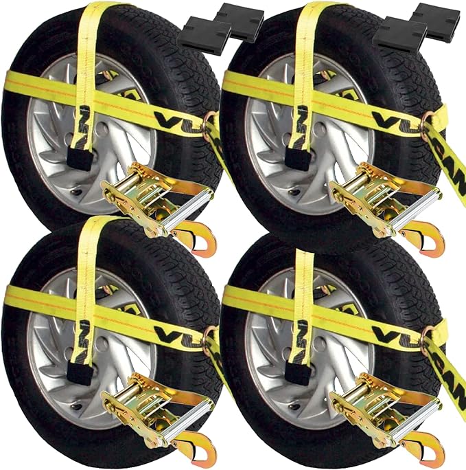 VULCAN Car Tie Down Kit - Adjustable Loop - Snap Hooks - Classic Yellow - Complete Kit Includes 4 Straps and 4 Ratchets