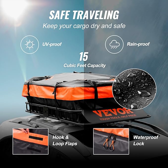VEVOR Roof Rack Cargo Basket, 51" x 36" x 5" Rooftop Cargo Carrier w/ 15 Cu Ft Waterproof Cargo Bag, 200 LBS Capacity Universal Rack Carrier for SUV, Truck, Pickup