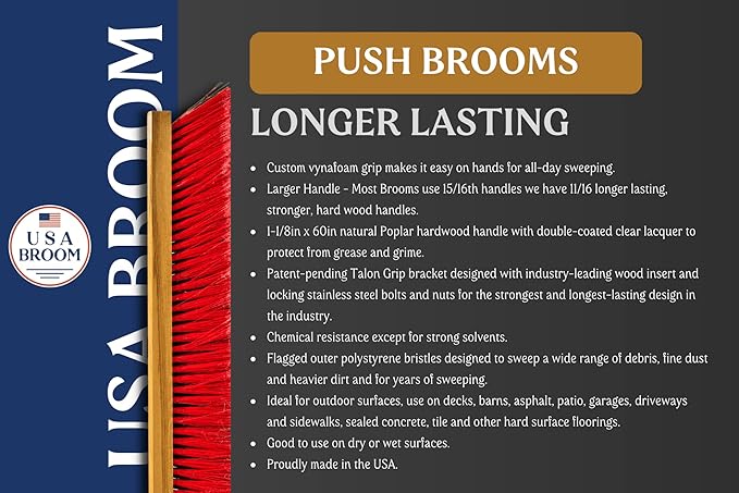 24" Everyday Sweep Indoor/Outdoor Push Broom with 60" Handle. Ideal for Garages & Shops. Durable American Made Steel Brackets-All Stainless Steel Hardware. No Plastic. 100% Made in The USA.