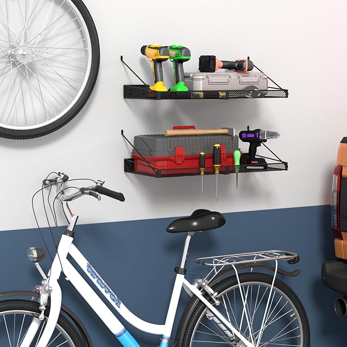 Garage Wall Shelf (2PCS-23.6"x12"x2.2") Steel Wall Shelf Storage Rack-design of TRIANGULAR BRACKET, Wall Mount Heavy Duty Metal Shelves Mesh Storage Rack for Garage, Office, Basement Kitchen, Closet