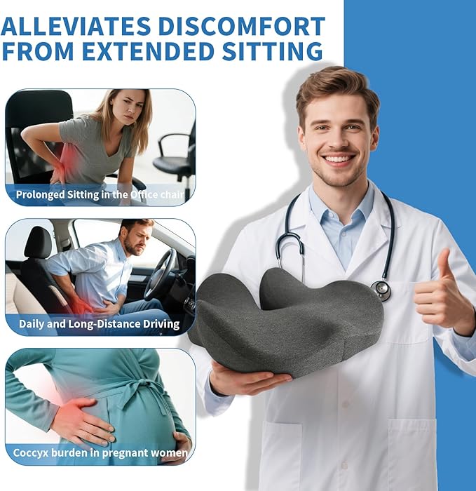 Office Chair Cushion - High Support Thickened Car Seat Cushion with Strap for Hip, Sciatica,and Tailbone Pain Relief - Ideal for Heavy People, Memory Foam Seat Cushion for Car, Truck, Home