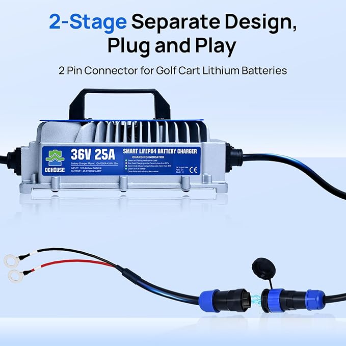 DC HOUSE 36V 25A Lithium Battery Charger, 900W Fast Charger, Charging Efficiency ≥ 93%, IP65 Waterproof Anti-Fall with Cooling Fan, Suitable for 36V Golf Cart,Trolling Motor, Forklift LiFePO4 Battery