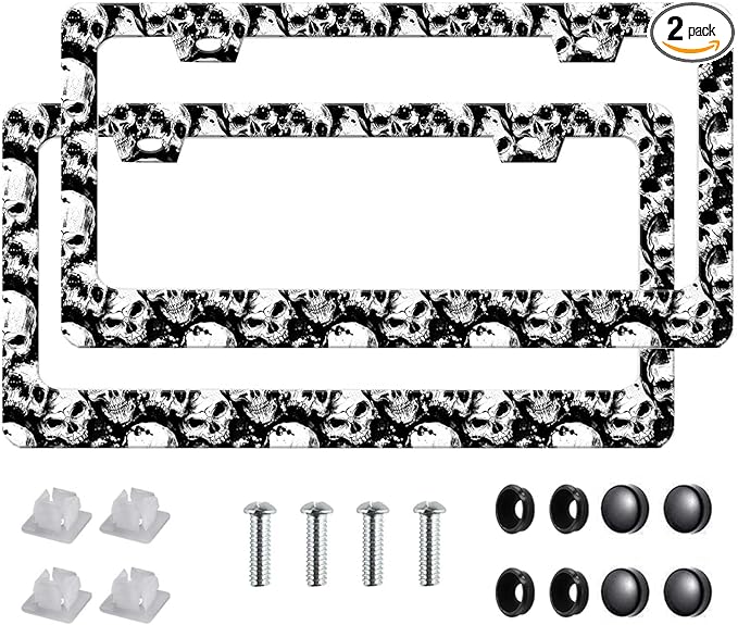 2Pack of Skull License Plate Frames Horror Skull Car Decor Accessories,Metal Black and White Skull License Plate Frame Cover Tag Holder Bracket