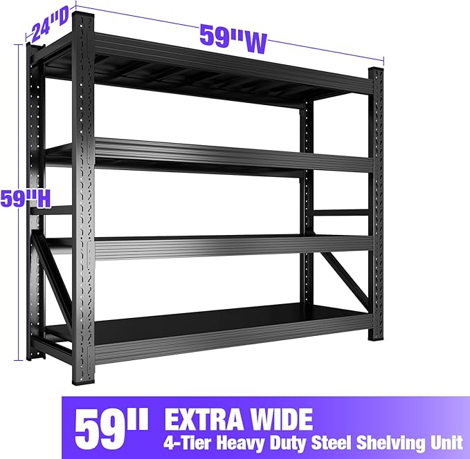 Metal Garage Shelving Heavy Duty, 4-Tier Adjustable Wire Storage Garage Shelves, 6000 LBS Loads Industrial Shelving Units for Garages, Warehouses, Kitchen, Black, 59" W x 24" D x 59" H,3 Pack