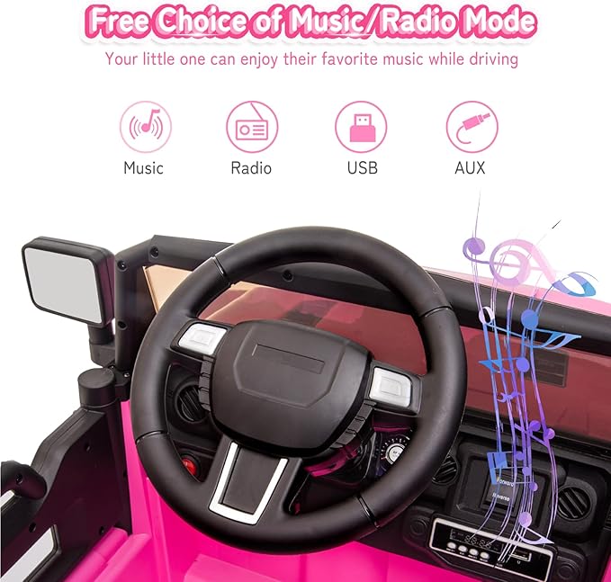 JOYMOR Ride on Truck with Remote Control, 4 Wheels 12V Battery Powered Kids Car, with LED Headlight/Horn Button/ MP3 Player/USB Port/Forward Backward/Kids Girl Boy (Pink)