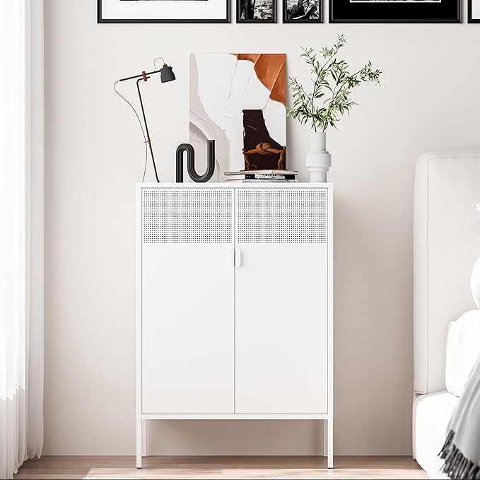 2 Mesh Door Metal Storage Cabinet with Adjustable Shelves, Multipurpose White Storage Cabinet, 3-Tier Office Cabinet,Metal Storage Cabinet for Office Home,Hallway (White, 47''H)