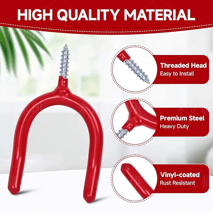6 Pack Garage Storage System Steel U Hooks with Anti-Slip Coating Home Improvement and Organization Screw in Hooks Easy Wall Mounting Heavy Duty Bike and Ladder (Red, 6 Pack)