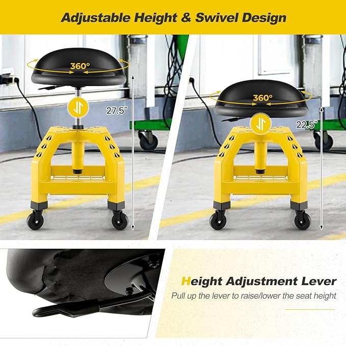Goplus Rolling Garage Stool, 22.5”-27.5” Adjustable Mechanic Chair with Padded Seat, 330LBS Capacity, Tool Tray, Heavy Duty Creeper Seat, 360° Swivel Shop Stool for Workshop