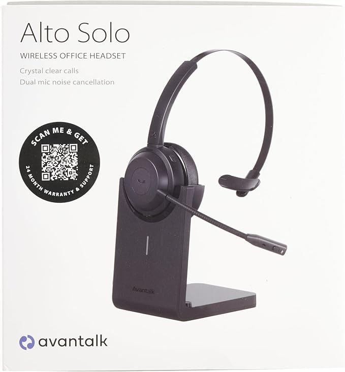 Alto Solo - Wireless Headset with Mic for Work with Qualcomm Bluetooth Solution, CVC Noise-Canceling for PC, Computer & Laptop, Charging Stand, Mute Button, Wired Headphones Option