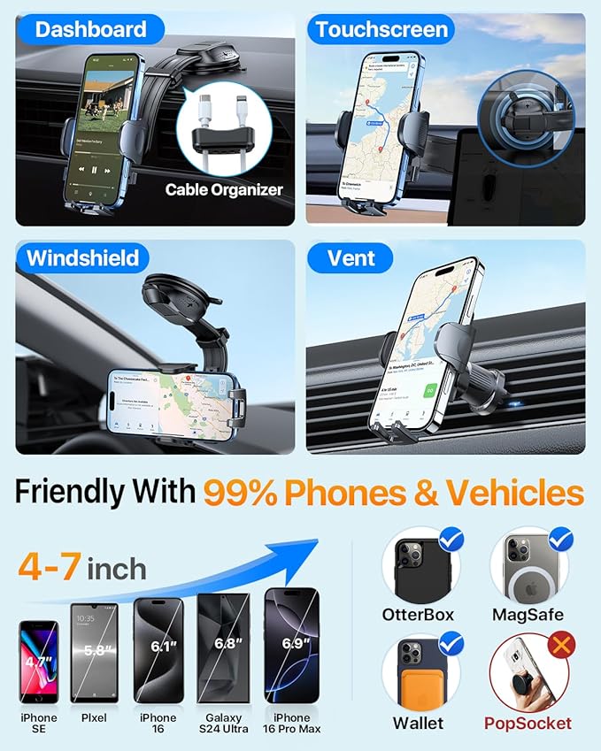 HTU Upgraded Strongest Suction Car Phone Holder Bendable Arm, Never Block View Rotatable Cellphone Mount for Dashboard Windshield Vent, Cradle Stand for iPhone 16 15 14 13 12 Pro Max (Grape Purple)