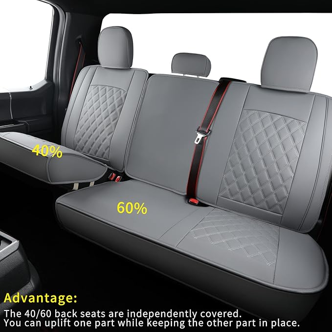LUCKYMAN CLUB F150 Faux Leather Seat Covers Fit for 2015-2025 F150 and 2017-2025 F250 F350 F450 Pickup Trucks(Full Set, Gray)