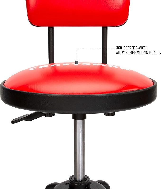 Craftsman Adjustable Height Work Shop Stool, 29 to 34-inches Tall, Rip-Resistant Padded Vinyl Seat, 300-lb Capacity, 360-degree Footrest, Non-Marring Feet
