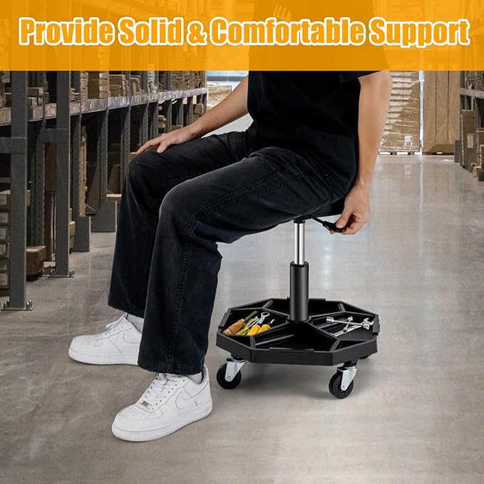 Adjustable Mechanic Rolling Stool, Pneumatic Rolling Stool with Wheels, Tool Storage Tray & Padded Seat Cushion, Garage Stool Chairs Creeper Seat (Black)