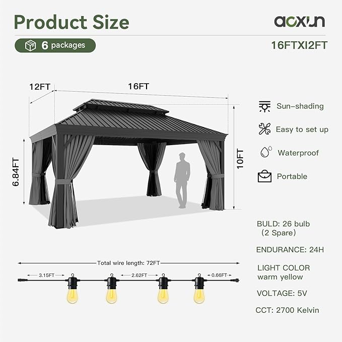 Aoxun 12' X 16' Permanent Hardtop Gazebo Aluminum Gazebo with Galvanized Steel Double Roof for Patio Lawn and Garden, Curtains and Netting Included, and LED Outdoor Waterproof Hanging Lights, Grey
