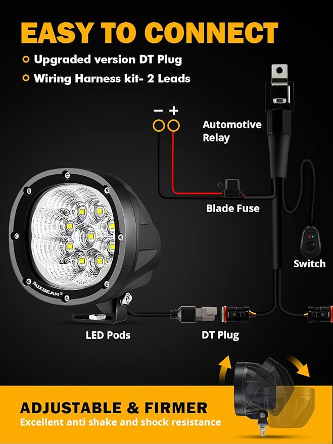 Auxbeam 4 Inch Round LED Light Pods, 90W Offroad Flood White Light Bar, Super Bright 9000LM Driving Work Light with DT Plug Wiring Harness Kit for Truck Boat Pickup ATV UTV SUV-2PCS