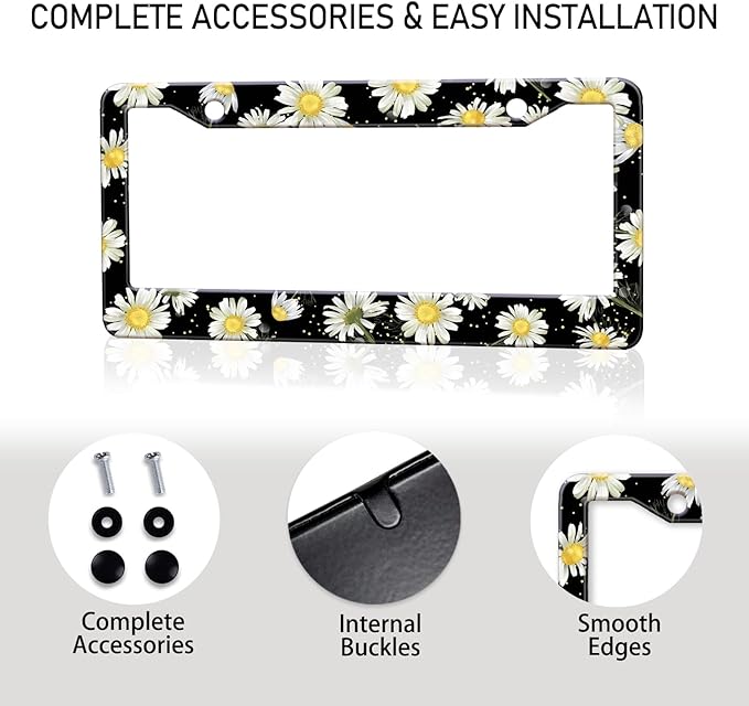 Daisy Flowers Car License Plate Frame, Flowers Print Tags Frames Holder Covers, Metal Aluminum Rustproof Car Accessories US Canada Standard with Screws for Women Men 6x12 Inch 2 Holes