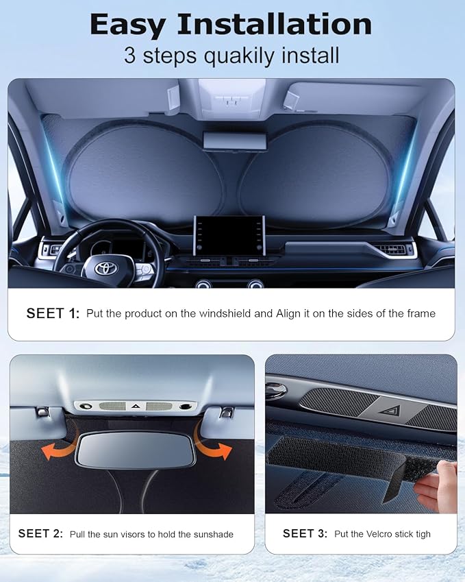 [2025 Upgrade] DMJN Windshield Sun Shade Car, [100% Sun Bolck & UV Reflective] Keep Car Cool & Interior Protection Sunshade, Flexible & Durable Sun Visor Universal Fit Small
