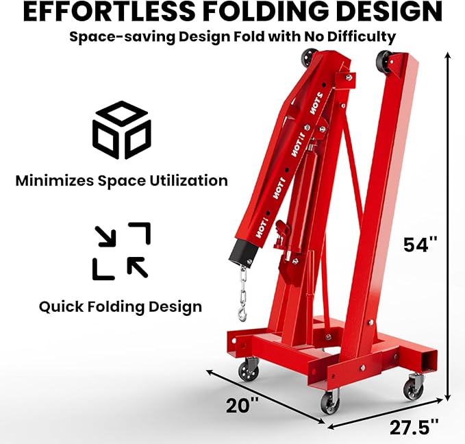 5000 LBS Engine Hoist with Load Leveler, Heavy Duty Alloy Steel Folding Cherry Picker Engine Hoist with 8 Ton Hydraulic Long Ram Jack, Ease of Assembly 2 Ton Engine Hoist for Workshop Warehouse Garage