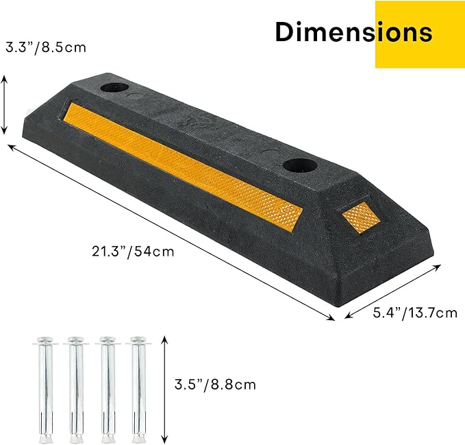 2 Pack Rubber Parking Guide Blocks | Heavy Duty Black Parking Blocks Parking Target Guide with Yellow Reflective Stripes, Wheel Stop Stoppers for Car, Truck, RV, Trailer, and Garage (2 Pack)