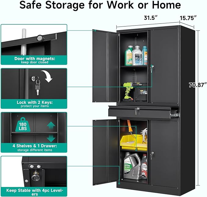 SISESOL Metal Garage Storage Cabinet with Drawer and Lock,Black Metal Storage Cabinet with Locking Doors and Adjustable Shelves,71" Tall Large Steel Tool Cabinets for Home,Office,Garage,Shop