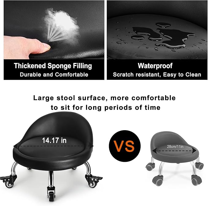 Rolling Stool with Backrest Low Height Rolling Stool with PU Leather, Roller Stool Chair, Roller Seats for Home, Office, Garage, Shop, Library
