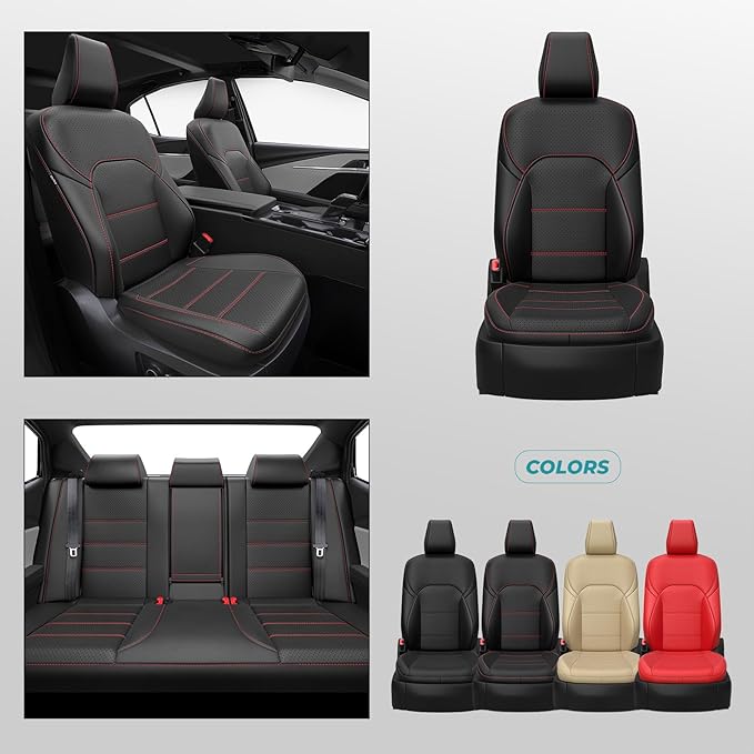 Leather Seat Covers for Toyota Camry 2025 LE SE Hybrid - Custom Fit Car Seat Cover Full Set, Luxury Waterproof Interior Accessories, Breathable Automotive Cushion Protectors, Black Red Trim