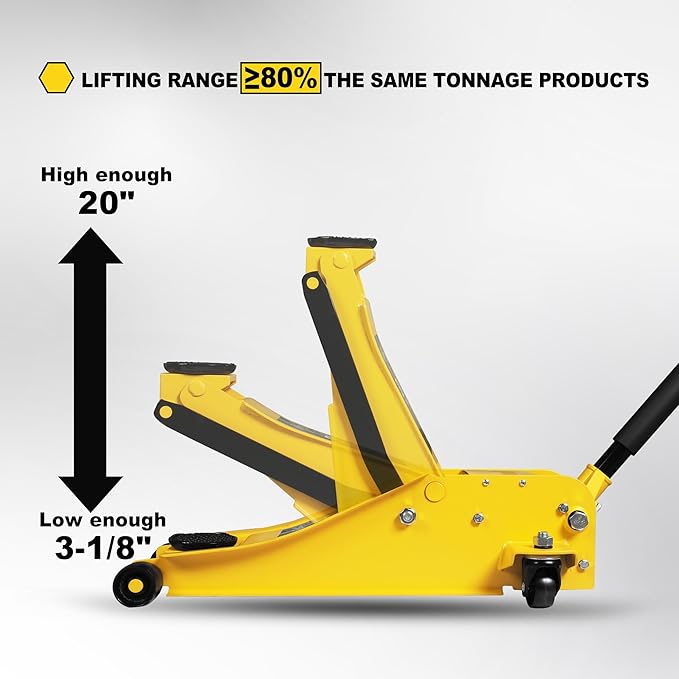 YELLOW JACKET 3 Ton Hydraulic Floor Jack Dual Pump for Quickly Car Lift, Low Profile Service Jack, 6600 lb Capacity