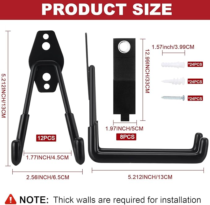 Landhoow 20 Pack Garage Hooks Set Include 12 Pcs Steel Garage Hooks Heavy Duty and 8 Pcs Extension Cord Organizers Utility Wall Mount Storage Hanger for Hanging Bike Garden Lawn Tool Ladder (Black)