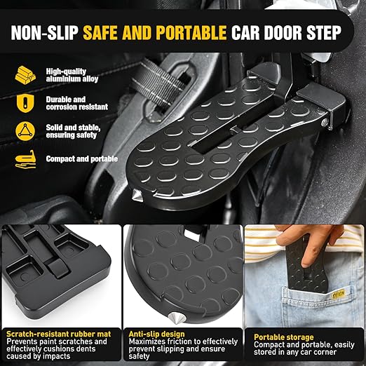 Nilight Car Door Step for Roof Access Universal Car Step Hook for Roof SUV Trucks Folding Aluminum Alloy Vehicle Door Latch Step Pedal with Glass Breaker Safety Hammer, Max Load 400lbs, 1 Pack Black