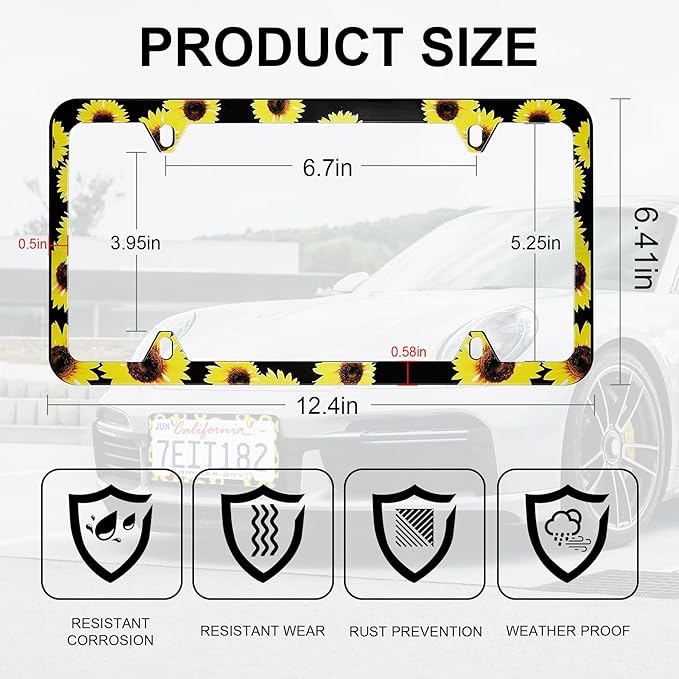 LivTee Flower License Plate Frames, 4 Holes Stainless Steel License Plate Covers, 2PCS Car License Plate Holder, Automotive Exterior Accessories, Sunflower