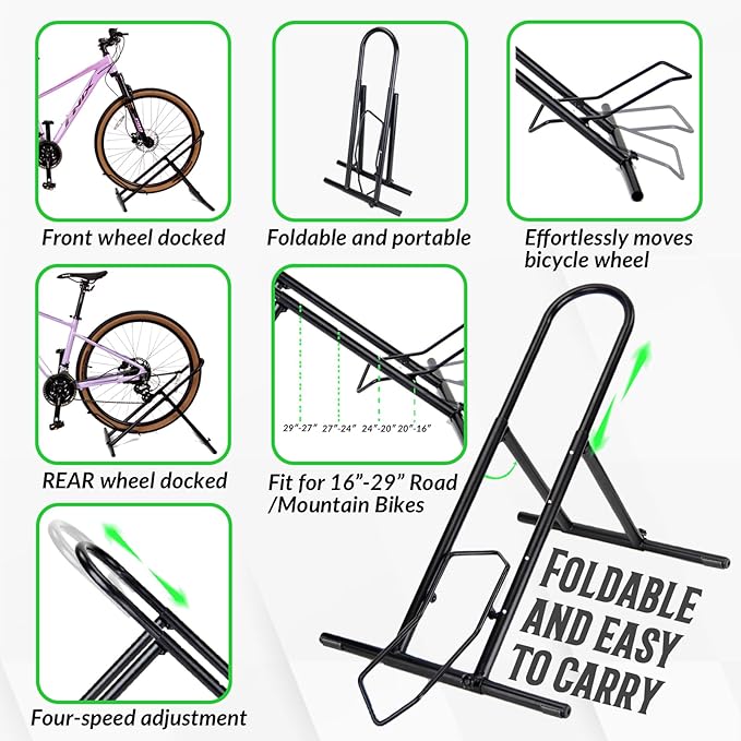 Folding Bike Floor Stand Rack, Portable Bicycle Parking Rack Storage for Garage/Home, Fit 16”-29” Mountain Road Bikes(1 bike rack)